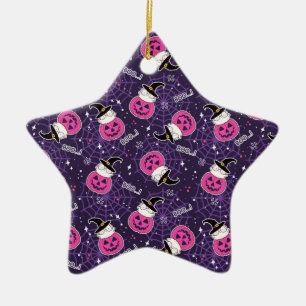 Cute Cats and Pumpkins Halloween Pattern Ceramic Tree Decoration