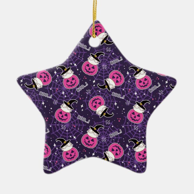 Cute Cats and Pumpkins Halloween Pattern Ceramic Tree Decoration (Front)