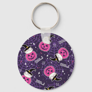 Cute Cats and Pumpkins Halloween Pattern Key Ring
