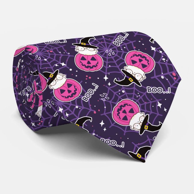 Cute Cats and Pumpkins Halloween Pattern Tie (Rolled)