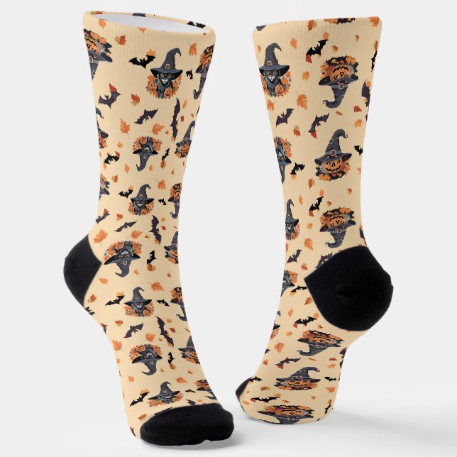 Cute Cats Bats & Pumpkins Halloween Socks (Angled)