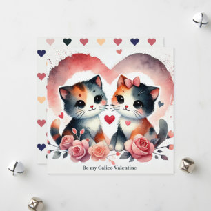 Cute Cats "Be My Calico Valentine" Watercolor Holiday Card