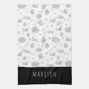 Cute Cats Black and White Doodle Pattern  Tea Towel