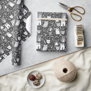 Cute Cats Botanical Floral Pattern Grey White Gift Wrapping Paper