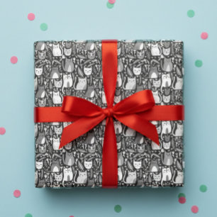 Cute Cats Botanical Floral Pattern Grey White Gift Wrapping Paper Sheet