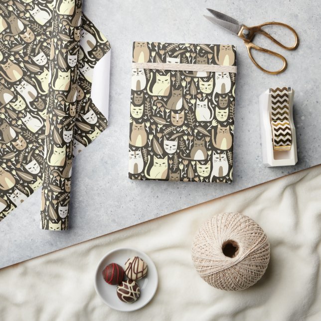 Cute Cats Botanical Floral Pattern Neutrals Gift Wrapping Paper (Crafts)