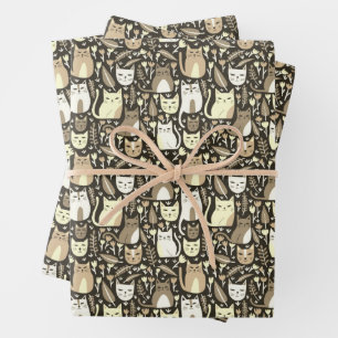 Cute Cats Botanical Floral Pattern Neutrals Gift Wrapping Paper Sheet