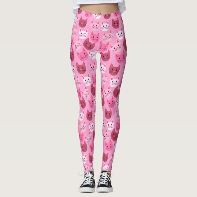 Cute Cats Cat Face Pattern Pink Leggings (Front)