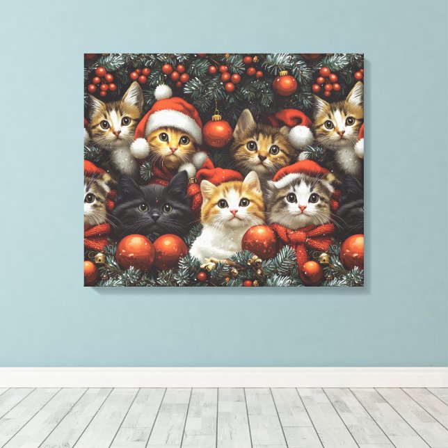 Cute Cats Celebrating Holiday with Chrtistmas Tree Canvas Print (Insitu(Wood Floor))