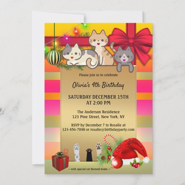 Cute Cats Christmas Kids Birthday Party Invitation (Front)