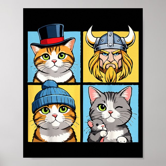 Cute Cats Colour Block Funny Cat Portrait Poster (Front)