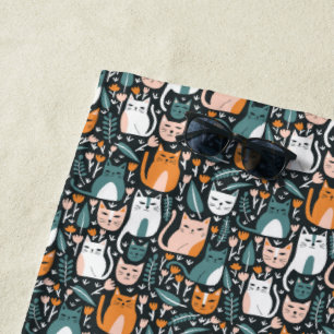 Cute Cats Colourful Botanical Floral Pattern Beach Towel