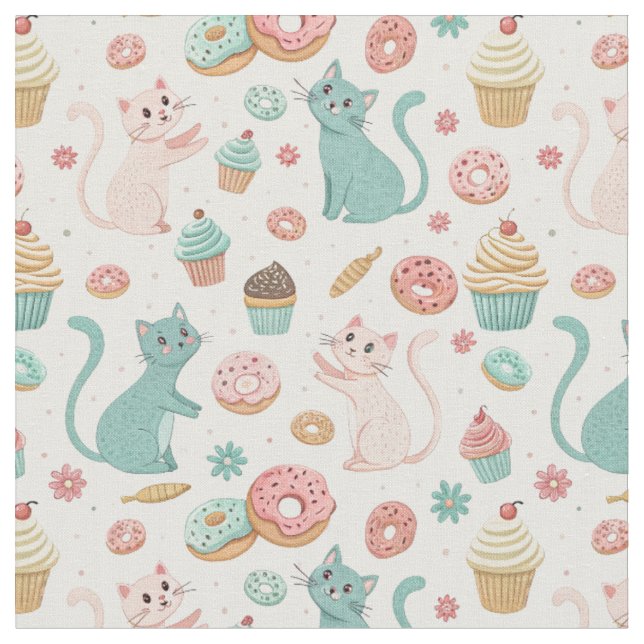 Cute Cats & Cupcakes Pattern - Kawaii Kitten Art Fabric (Close Up)