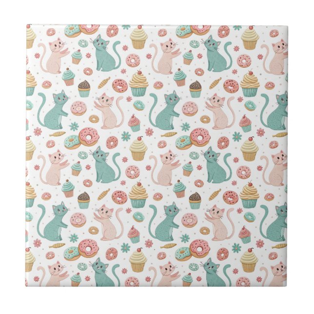 Cute Cats & Cupcakes Pattern - Kawaii Kitten Art Tile (Front)