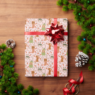 Cute Cats Dogs Christmas Lights Pink Wrapping Paper