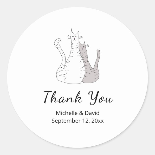 Cute Cats Drawing Simple Wedding Thank You  Classic Round Sticker (Front)
