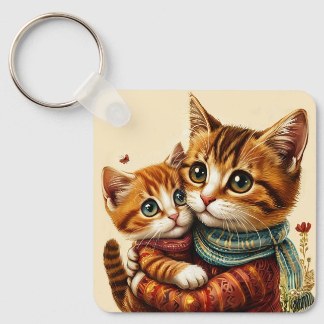 Cute Cats Embracing With Colourful Scarves 🐱 Key Ring (Front)
