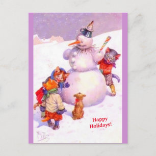 Cute Cats & Fabulous Snowman Purple Vintage copy Postcard