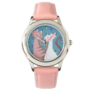Cute Cats Floral Background Girl's Pink Watch