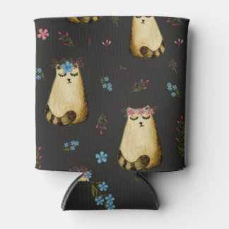 Cute Cats Flowers Watercolor Pattern Can Cooler