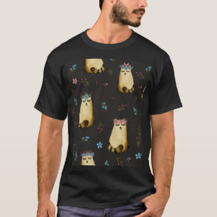Cute Cats Flowers Watercolor Pattern T-Shirt