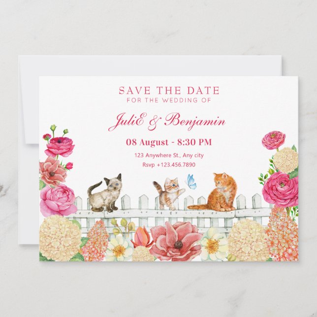 Cute cats flowers wedding save the date (Front)