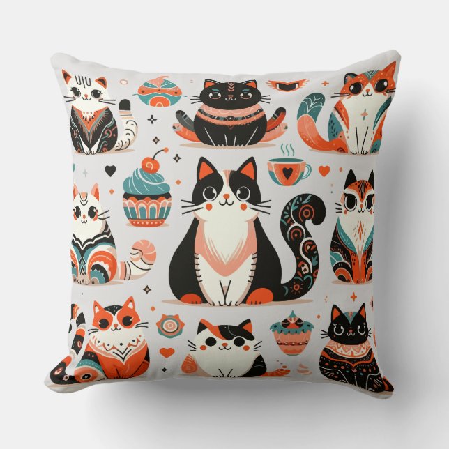 Cute cats folk art type throw pillow (Front)