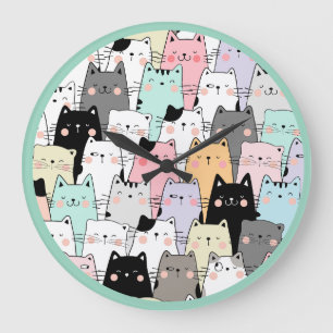 Cute Cats,Funny Cats, Cartoon Cats Pattern Watch Large Clock