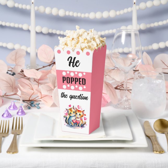 Cute cats he popped the question pink popcorn favour box (Wedding)