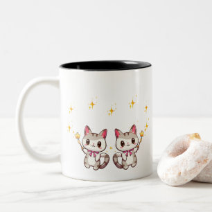Cute Cats Holding Magic Wand Heart Stars Two-Tone Coffee Mug