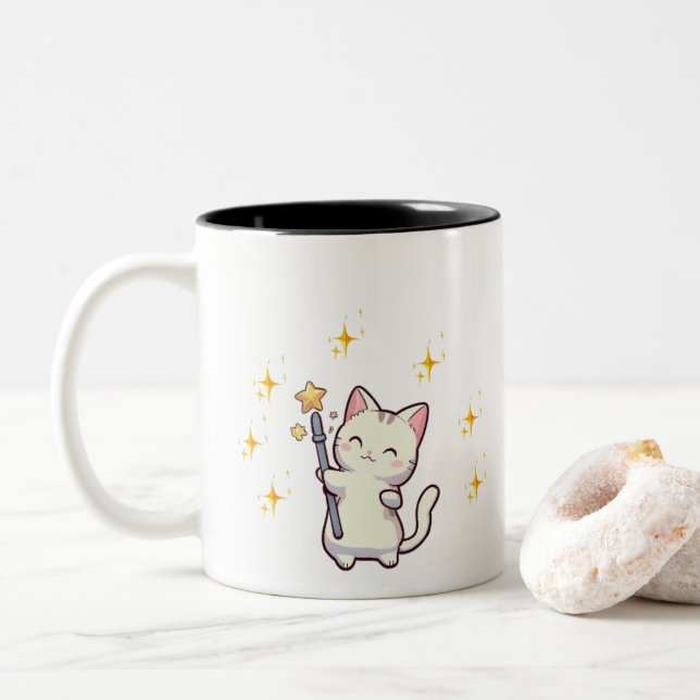 Cute Cats Holding Magic Wand Stars Two-Tone Coffee Mug (With Donut)