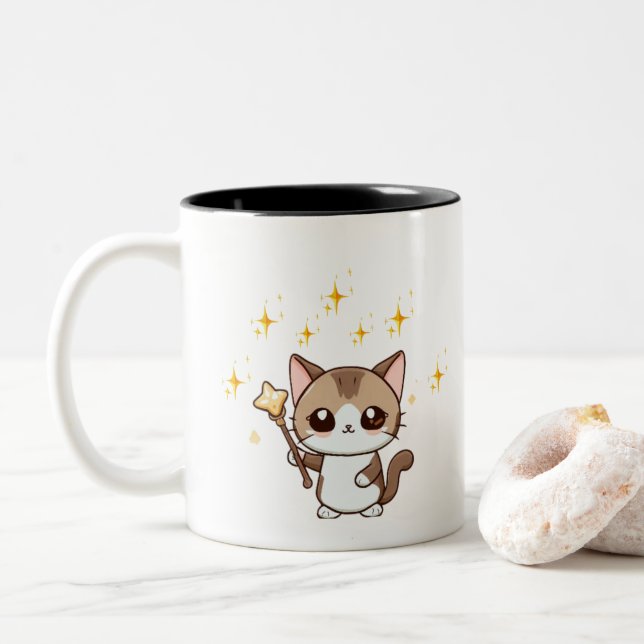 Cute Cats Holding Magic Wand Stars Two-Tone Coffee Mug (With Donut)