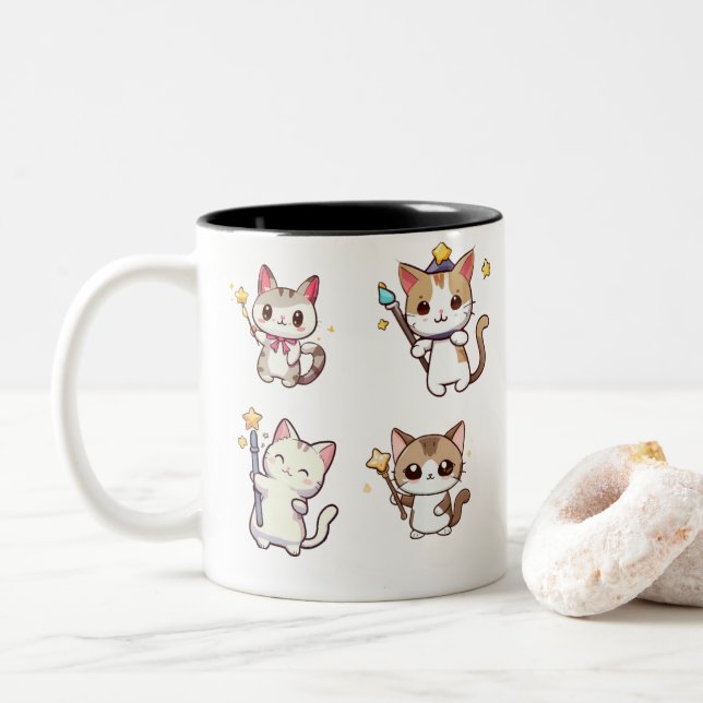 Cute Cats Holding Magic Wand Two-Tone Coffee Mug (With Donut)
