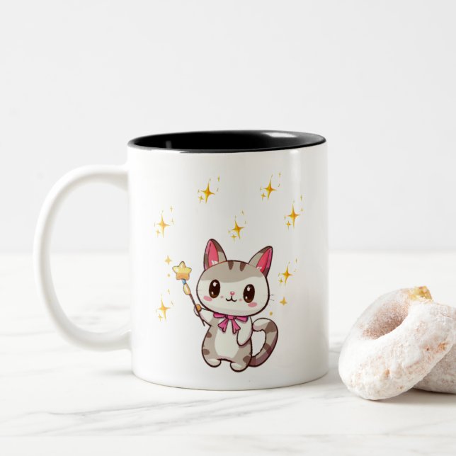 Cute Cats Holding Magic Wands Star Two-Tone Coffee Mug (With Donut)