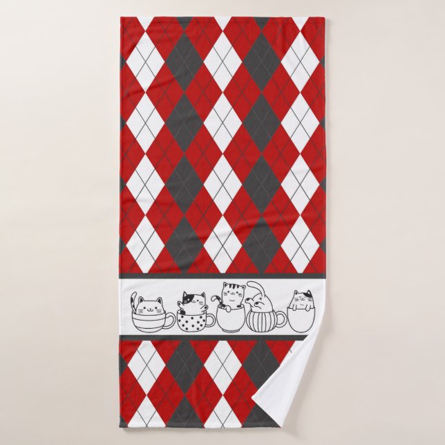 Cute Cats In Cups -Red, White & Dark Grey Argyle Bath Towel Set (Bath Towel)