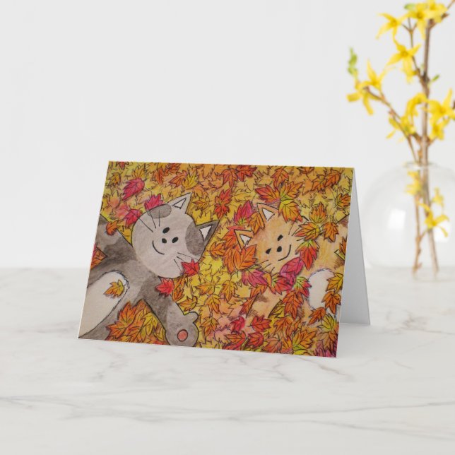 Cute Cats in Fall Leaves, Halloween, Thanksgiving Card (Yellow Flower)