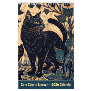 Cute Cats in Linocut – 2026 Calendar