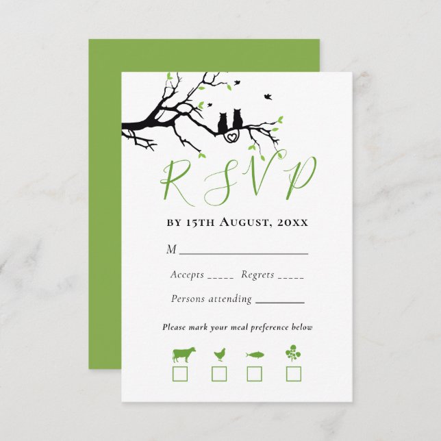 Cute Cats In Love Black Tree Heart Birds Wedding  RSVP Card (Front/Back)