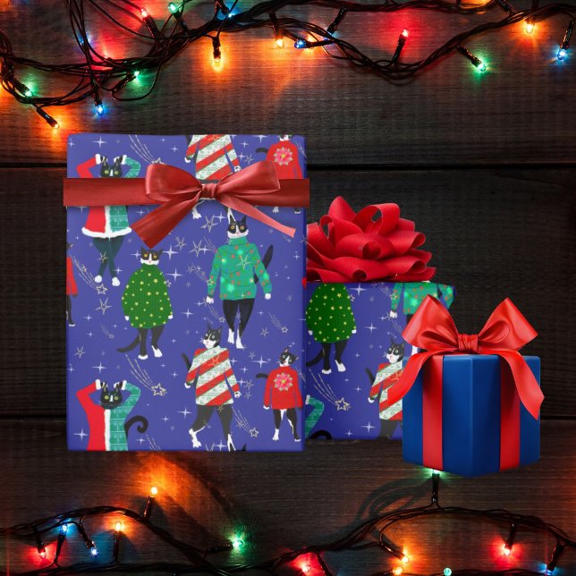 Cute Cats in Ugly Christmas Sweaters Navy Wrapping Paper (Cats Model Ugly Christmas Sweaters on the catwalk on midnight blue starry gift wrap.)