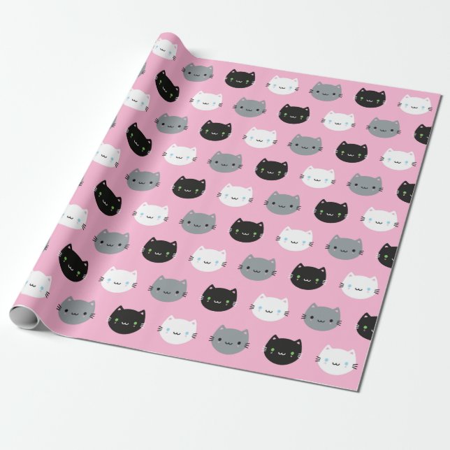 Cute Cats & Kawaii Kittens (Pink) Wrapping Paper (Unrolled)