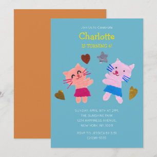 Cute Cats Kids Birthday Blue Paper Collaged Invitation