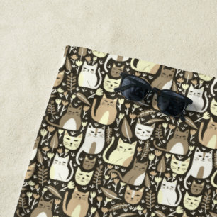 Cute Cats Kittens Botanical Floral Neutrals Brown Beach Towel
