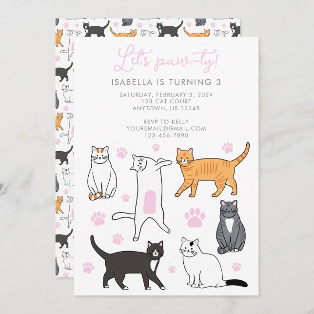 Cute Cats Let's Pawty Kids Birthday Invitation (Front/Back)