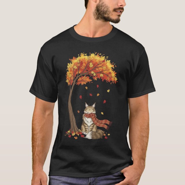 Cute Cats Lover Maine Coon Cat Fall Autumn T-Shirt (Front)