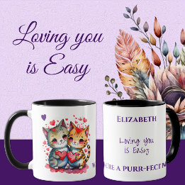 Cute cats loving you personalised name purple mug