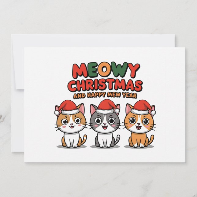 Cute cats meow wearing christmas hat  holiday card (Front)