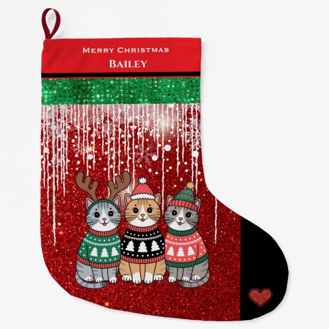 Cute Cats Merry Christmas Personalised Name  Large Christmas Stocking (Front)