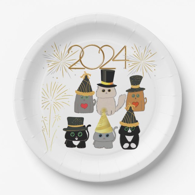 Cute Cats New Years Celebration  Paper Plate (Front)