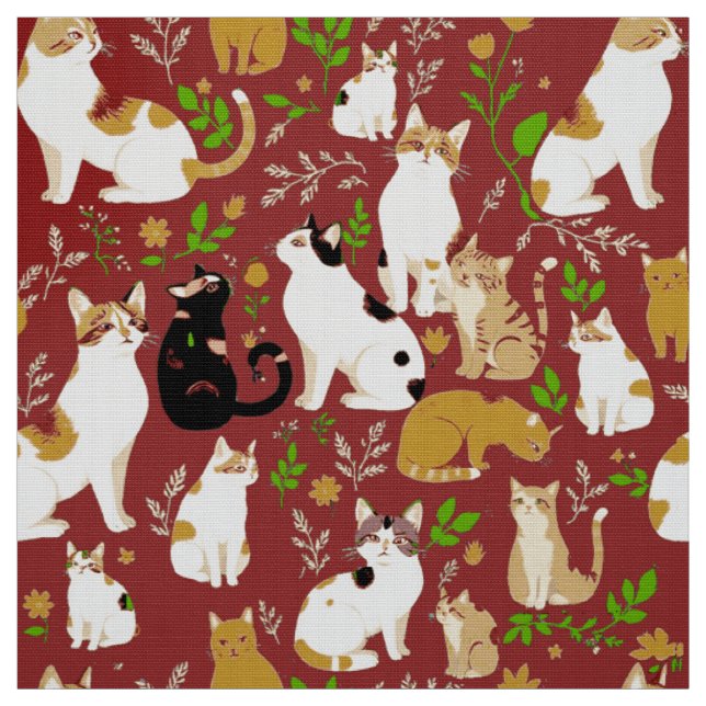Cute Cats on a Burgundy Background Fabric (Swatch)