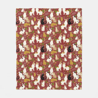 Cute Cats on a Burgundy Background Fleece Blanket